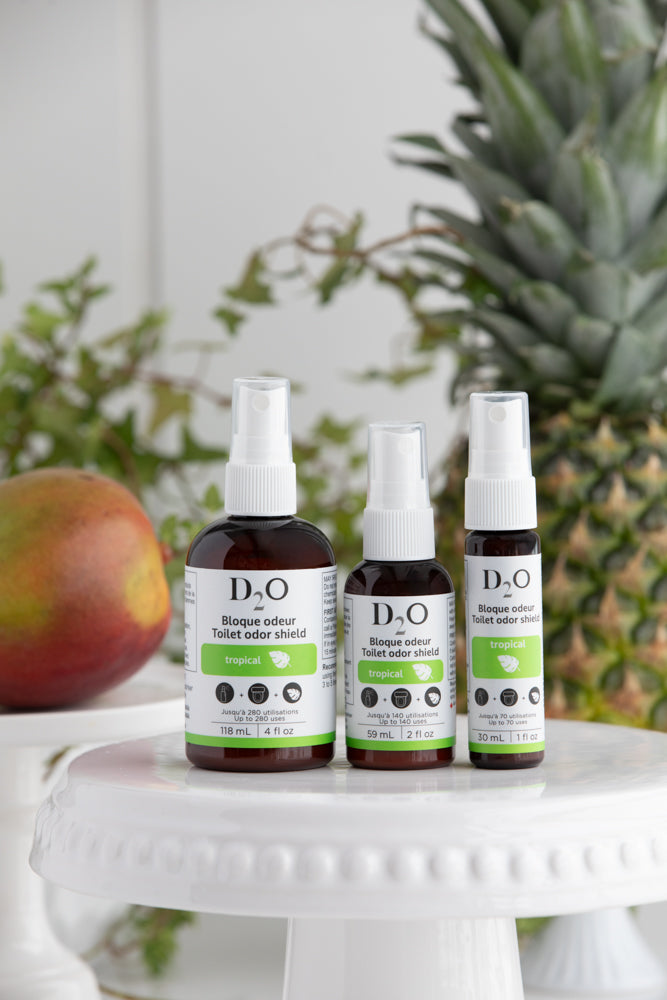 Bloque-odeur toilette D2O Tropical formats 1oz 2oz et 4oz parfum fruité fabriqué au Québec